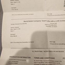 2 Tickets Sunday Swan Lake Escondido 