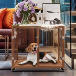 P-XMW133-L-A Wooden Dog Cage Carrier Anti-bite Tempered Glass Crate Furniture Aluminum Frame