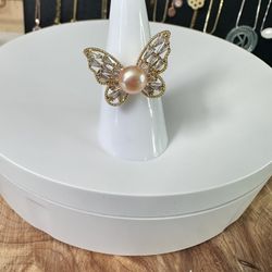 New Gold Plated Butterfly Pearl Ring