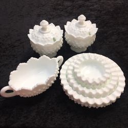 Fenton hobnail milk glass 8 piece set Lot Stacking Ashtrays Oval nut candy Dish Condiment Honey jars