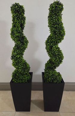 *** CLEARANCE *** PAIR of 38in Faux Boxwood Spirals in 16in Black Planters (2 for $80) @ Lasting Creations
