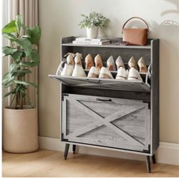 Fitfort Shoe Cabinet with 2 Flip Drawers,Farmhouse Shoe Storage Cabinet Organizer for Entryway,for Entrance, Hallway, Living Room,Classic Grey