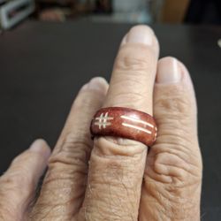 Handmade Wood Bentwood Style Ring W/White Crushed Mother Of Pearl Inlaid Design Size 9.5