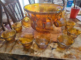 Indiana Glass Harvest Grape Amber Gold Iridescent 12" Punch Bowl Set w/ 12 Cups