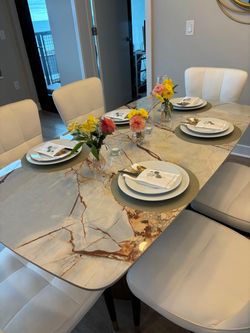 Marble Top Dining Table (63 inches) with 6 White Chairs
