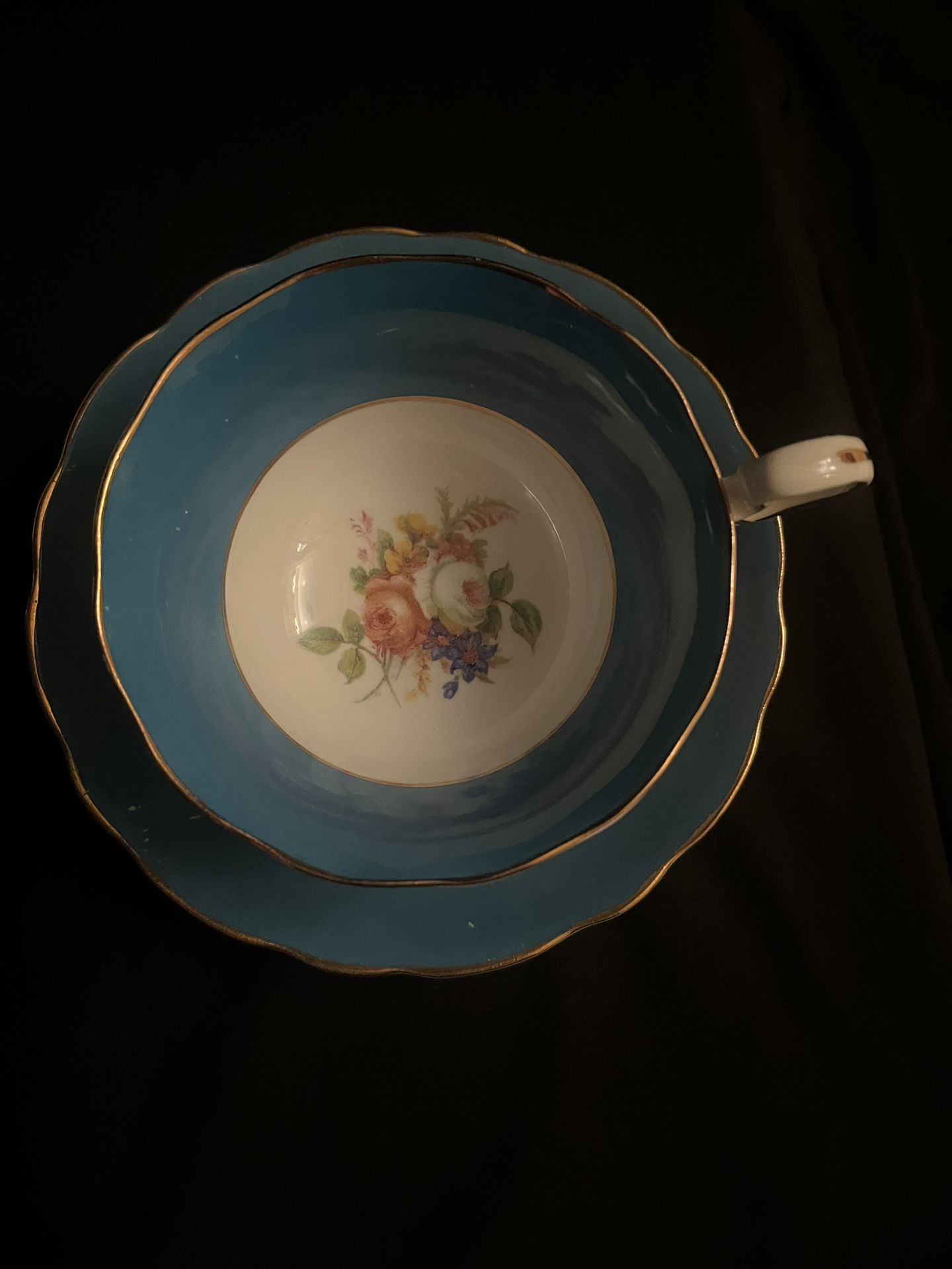 RARE Sadler Rode Heath Bone China Teacup and Saucer, Cabbage Rose, Blue, Gold Gilt Trim
