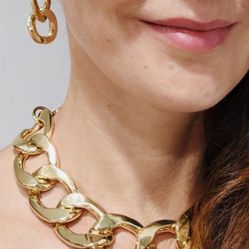 ADORNIA Earrings + Necklace Oversized Curb Chain 14K Yellow Gold Plated 14” Long   Brand new