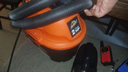 Shop vac, portable vacuum, Craftsman floodlight, tool bag and tool storage box plus hand tools