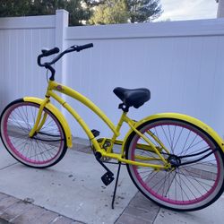 Retro Yellow Beach Cruiser – Pink Rims, 3 Speed, Coaster Brake