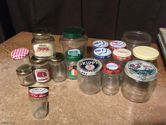 LOT OF 17 VINTAGE GLASS JARS SKIPPY WYLER'S TRAPPIST PRESERVES