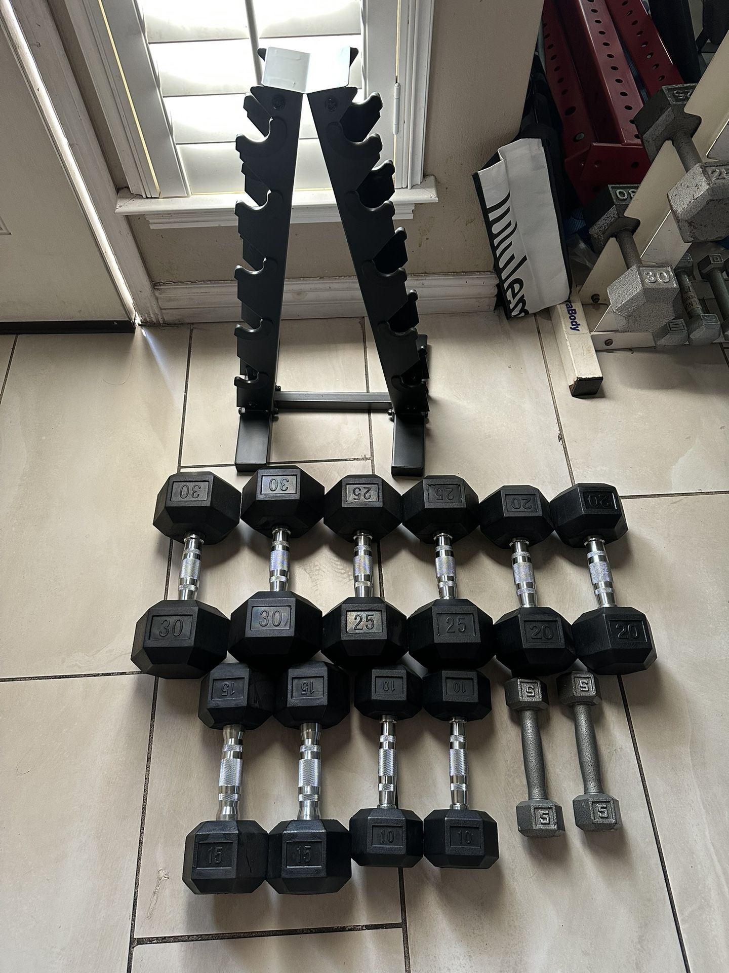 Dumbbells weights 5-30 plus rack 210lbs total Firm Price