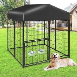 Dog Kennel Outdoor 4x4.2x4.5ft, Outside Dog Kennel with Roof, Large Dog Kennels with Rotating Door & 2 Adjustable Bowls, Pet Enclosures Crate Cage for