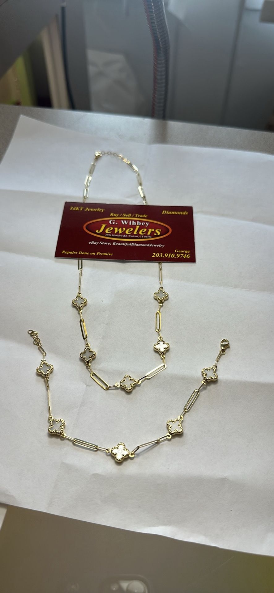 18” Van Cleef , 14 Kt Gold & C.Z. Necklace & Bracelet Set