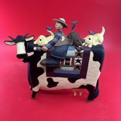 Retired Williraye Studio Holstein Cow, Boy & Puppies Figurine, Rare Folk Art