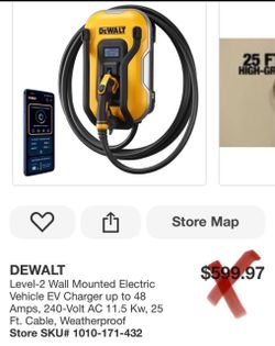 DEWALT Level-2 Wall Mounted Electric Vehicle EV Charger up to 48 Amps, 240-Volt AC 11.5 Kw, 25 Ft. Cable, Weatherproof