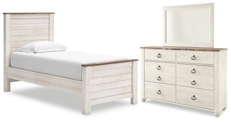 Willowton Whitewash Twin Panel Bed, Dresser and Mirror