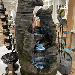 7-Tiered 40” Tall Outdoor Floor Rock Water Fountain for Garden or Patio with Natural Stone Look, Light Gray, With Lights