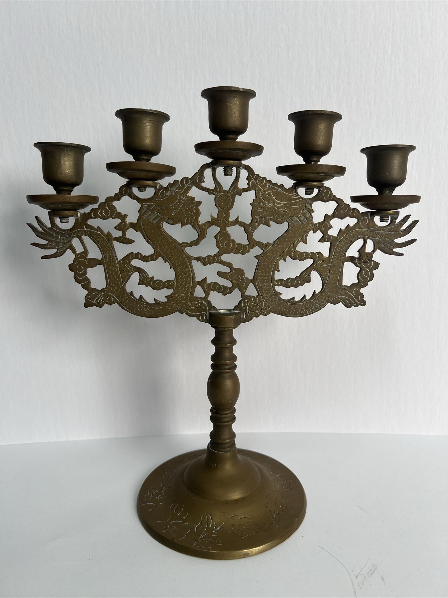 Vintage Brass 5 Arm Candelabra Candle Holder China Dragons