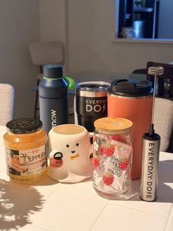 various items bundle mug tumbler milk frother ginger tea