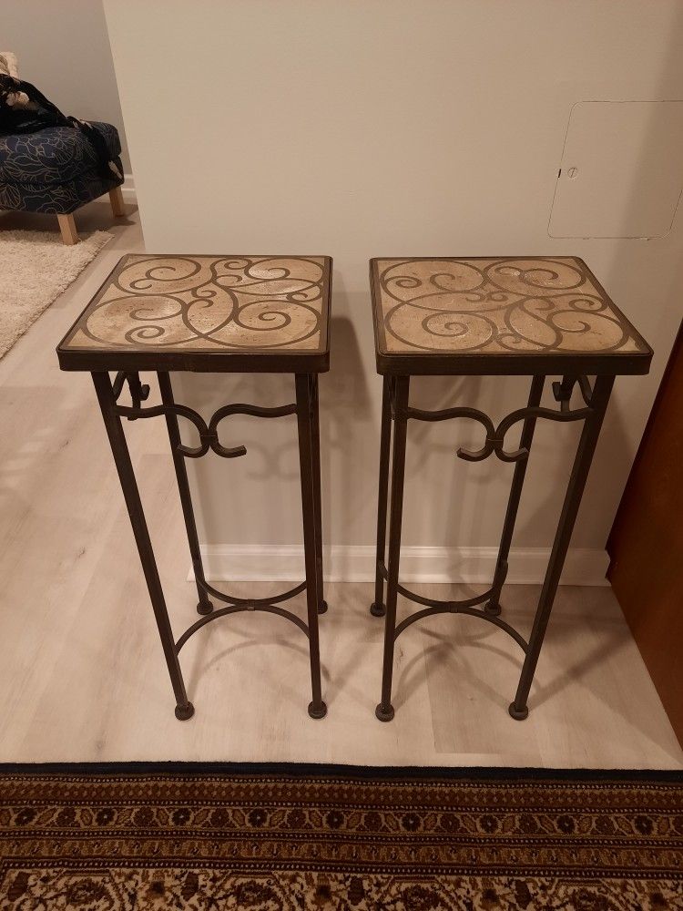 Set Of 2 Plant Stands. Heavy Metal With Tile Top.