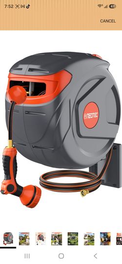 100FT Retractable Garden Hose Reel 1/2 Inch, Wall Mounted Heavy Duty Water Hose with Auto-Lock & 9-Pattern Nozzle, 180° Swivel, Slow Return System — U