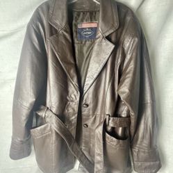 USA LEATHER Dark Brown Men’s Leather 2-Button Jacket Size L w/ Belt Strap, VG+