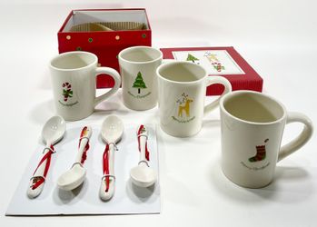 BIA Cordon Bleu Christmas Holiday Set of 4 Embossed Coffee Cup Mugs & Spoons