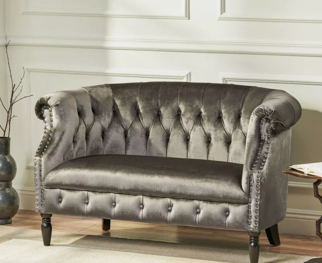 Arm Velvet Loveseat with Nailhead Trim