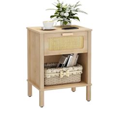Rattan Nightstand, Boho Bedside Table,End Table with Drawer, Rattan Furniture,Rattan Nightstand with Boho Desk for Living Room,Bedroom,Small Space Nat