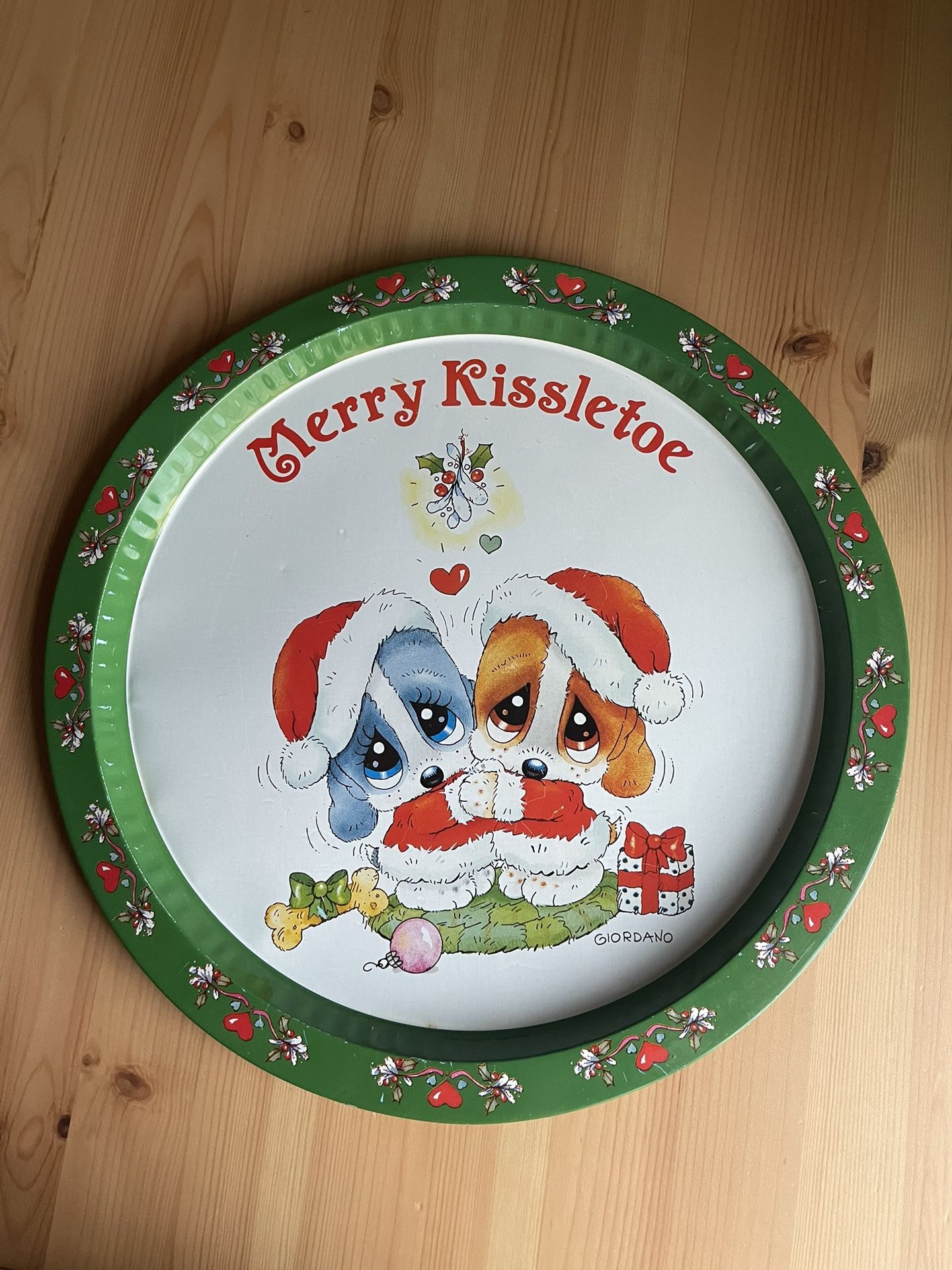 Vintage Christmas Tin Serving Tray Merry Kissletoe Puppies Holiday Decor Giordano