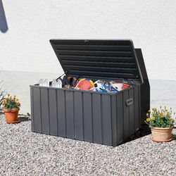 Outdoor Deck Box 100 Gallon, Waterproof Lockable Steel Outdoor Storage Container with Resin Lid for Outside Cushions, Garden Tools and Pools Equipment