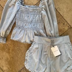 Who What Wear Chambray Cottagecore Smocked Top And Ruffled Shorts Size 4 New