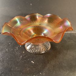 NORTHWOOD Antique Marigold Carnival Glass Footed Ruffled-Edge Candy/Trinket Dish (Diameter: 8-1/4”)