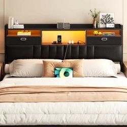 Upholstered Headboard with Drawer Storage and RGB LED Light, Sturdy Headboard with Charging Station ＆ Bookcase, twin size   This leather uph