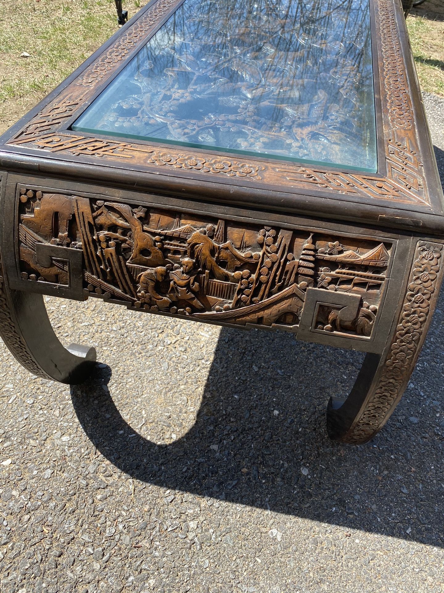 1970s? Hand Carved Asian Coffee Table With Glass Top And Drawer