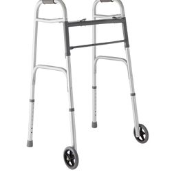 Medline Lightweight Two Button Folding Walker with 5" Wheels, Aluminum Frame Supports up to 300 lbs