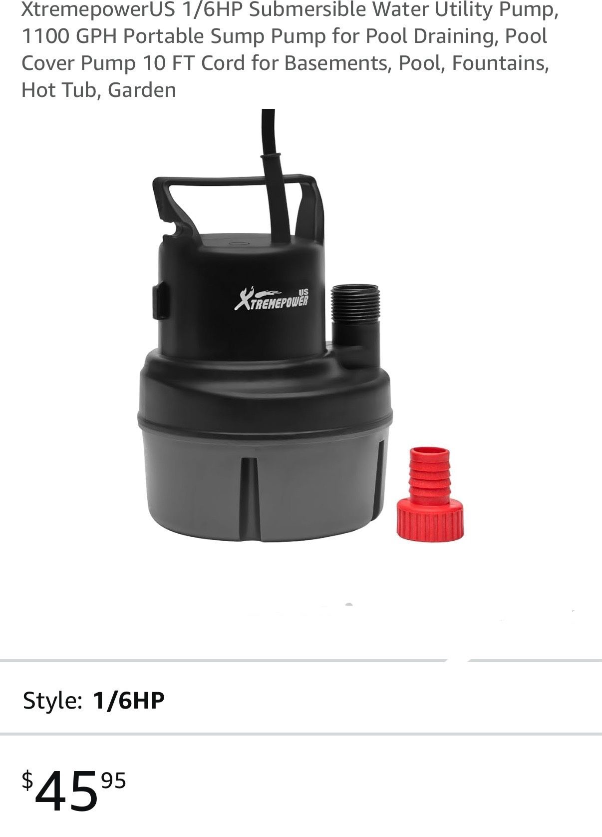 XtremepowerUS 1/6HP Submersible Water Utility Pump, 1100 GPH Portable Sump Pump for Pool Draining, Pool Cover Pump 10 FT Cord for Basements, Pool, Fou