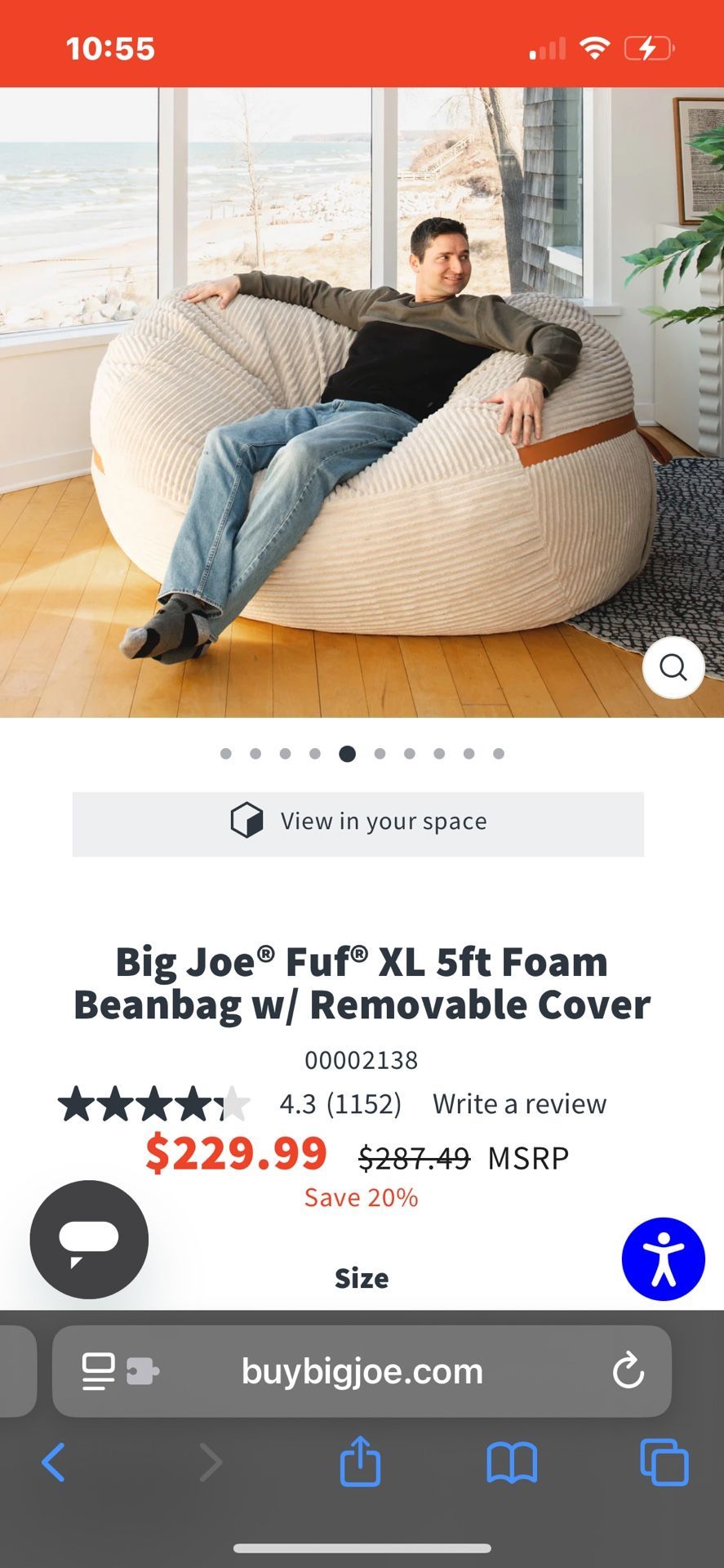 Big Joe Fuf Large Foam Filled Bean Bag Chair with Removable Cover, Vanilla Latte, Corded Plush