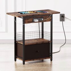 GiveBest End Table with Charging Station, Narrow Side Table with USB Ports and Outlets, Sofa Couch Table for Small Spaces, Slim Bedside T