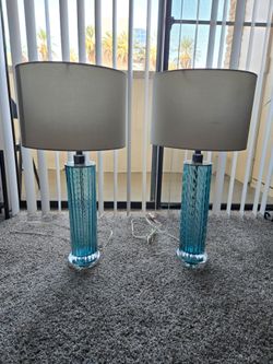 Blue glass and chrome lamps (pair)