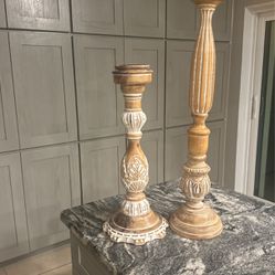 Wood Carve Candle Pedestals  28.5 Inches And 21 Inches