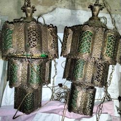 Antique Brass and Emerald Hanging Sconce Lights Chandelier 