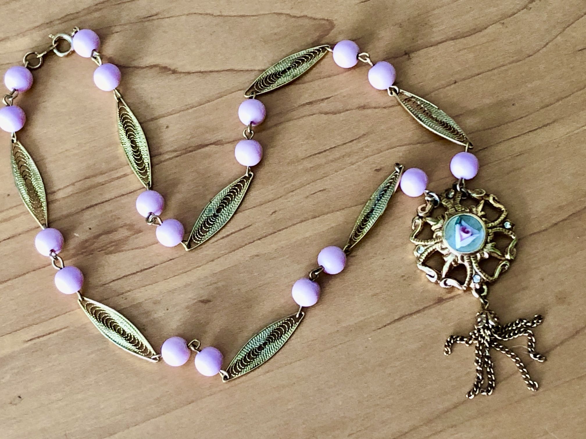 OOAK Vintage Gold Filigree Beaded Link Sweet Pink Rose Feminine Pendant Necklace 18”