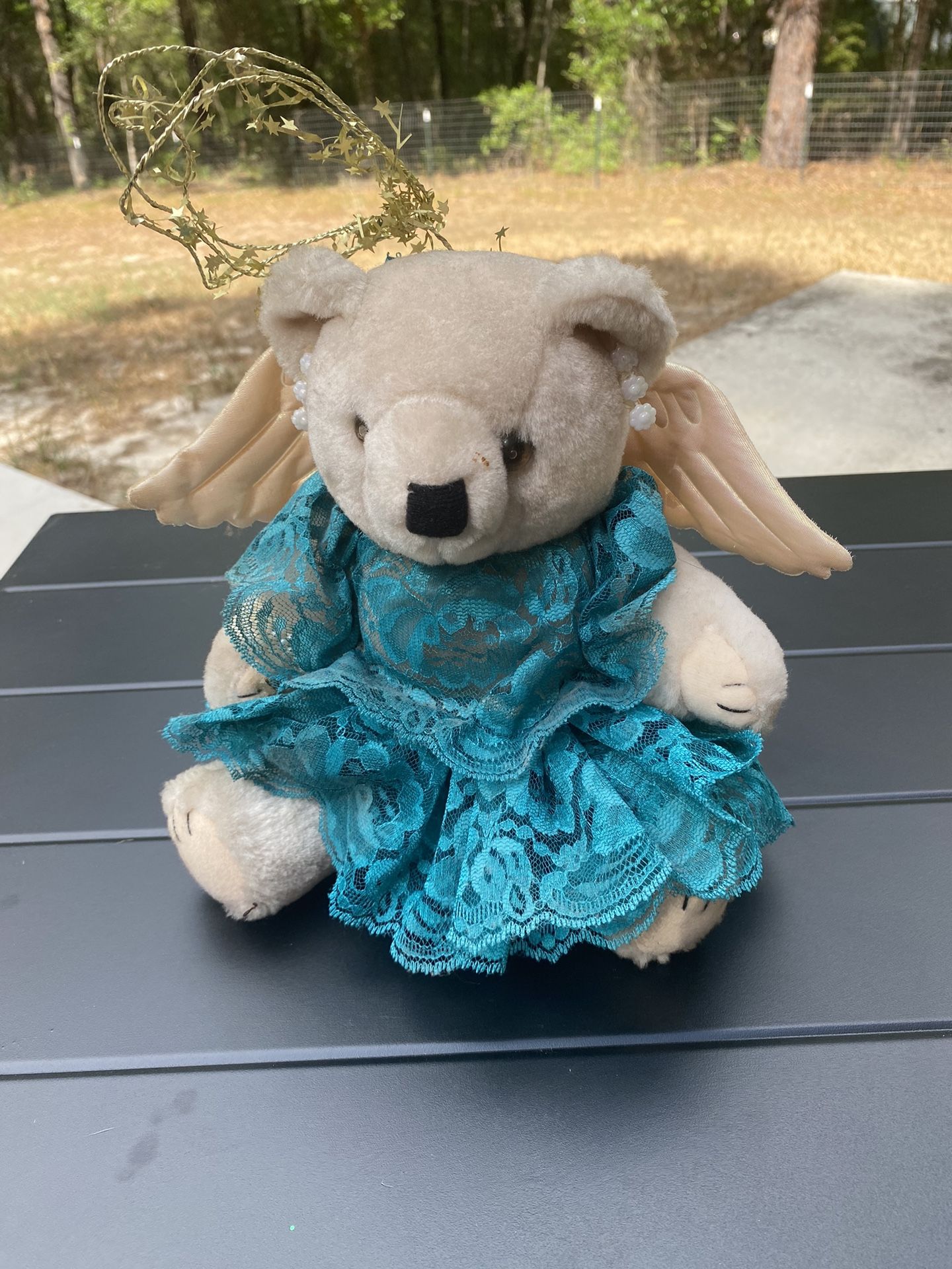 Angle bear with teal dress stuffed animal plush lace