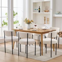 Dining Chairs Set of 6, White Boucle Dining Chair, Curved Backrest Upholstered Dining Room Chairs with Black Metal Legs, Mid Century Modern Dining Cha