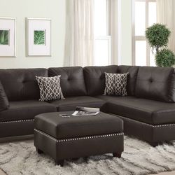 Brown Faux Leather Sectional Sofa With Ottoman 