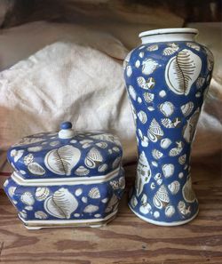 Set Blue Ceramic Vase And Jar