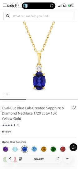 KAY Jewelers Oval-Cut Blue Lab-Created Sapphire & Diamond Necklace – 10K Yellow Gold
