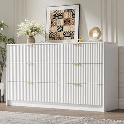 White 6 Drawer Dresser for Bedroom, 47" Wide Modern Chest of Drawers with Gold Metal Handles, Fluted Wood TV Stand for Living Room, Hallway