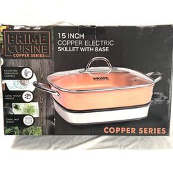Brand new  in the box 15” copper electric skillet with base. Retails for $84.
